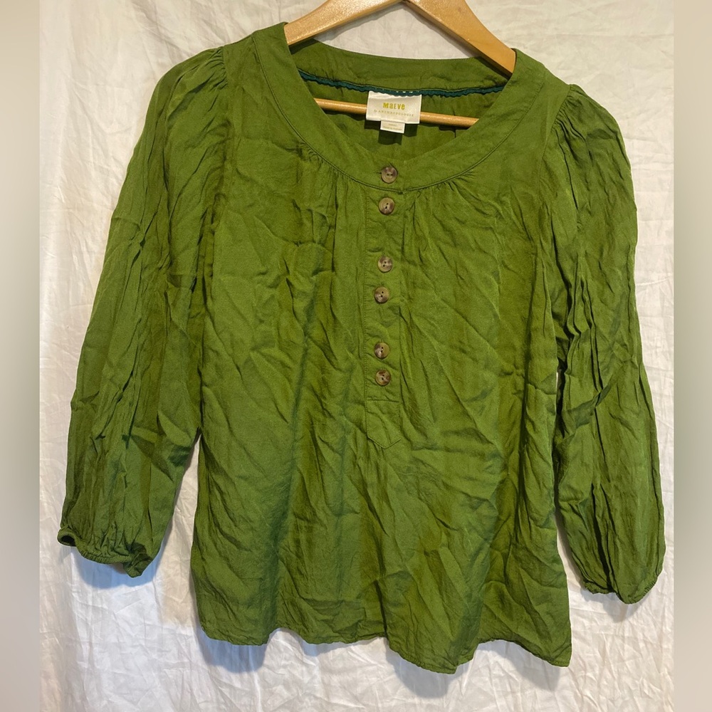 MAEVE anthropologie kalas green puff sleeve blouse XS - Picture 2 of 6